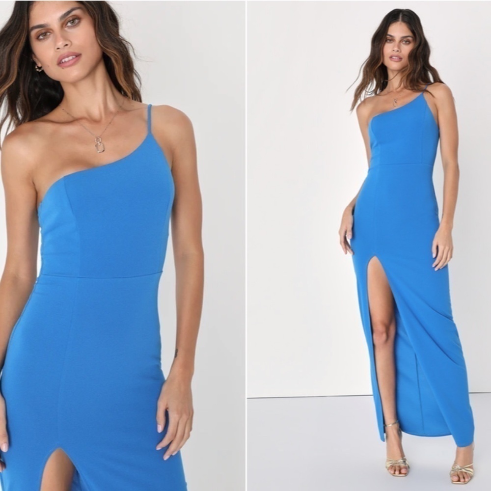 LULU's Sexy Chic One Shoulder Elegant Wedding Prom Formal Event Colbat Blue Maxi